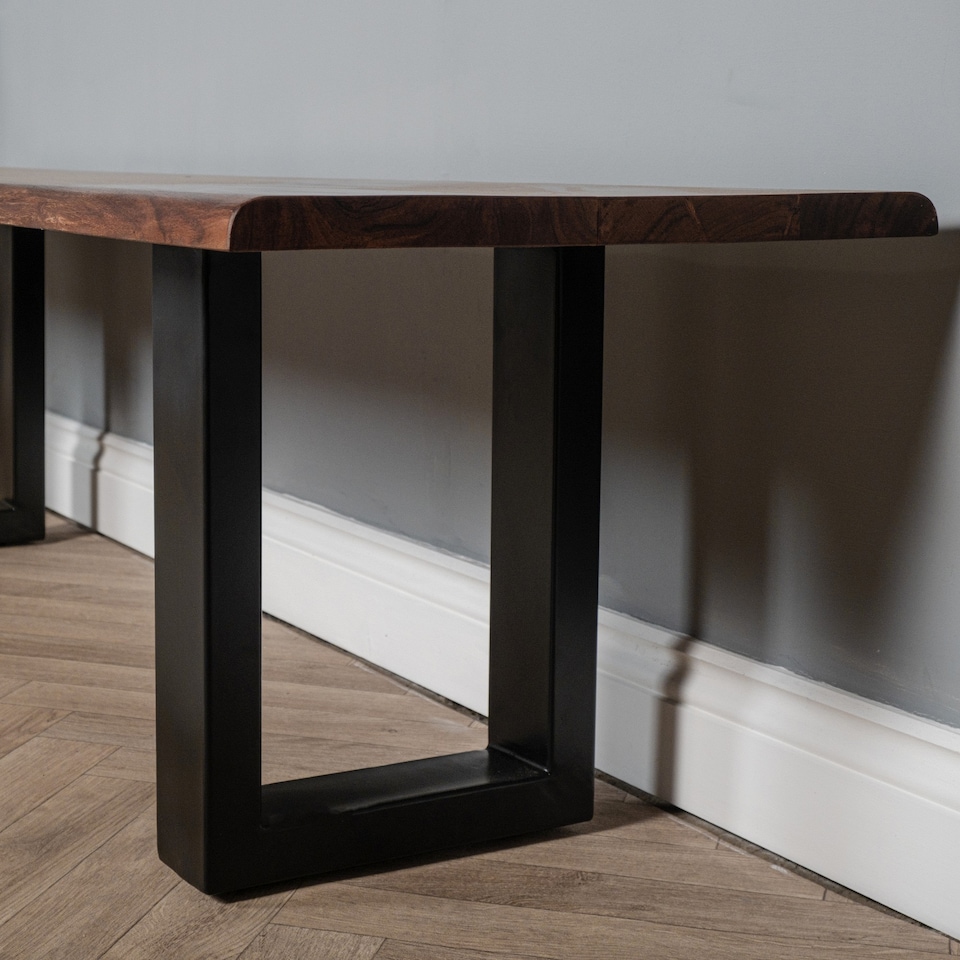 image 1 of Solid Mango Wooden Live Edge Dining Hall Shoe Bench Dark Oak Finish Metal 45cm High x 155cm Wide x 40cm Deep