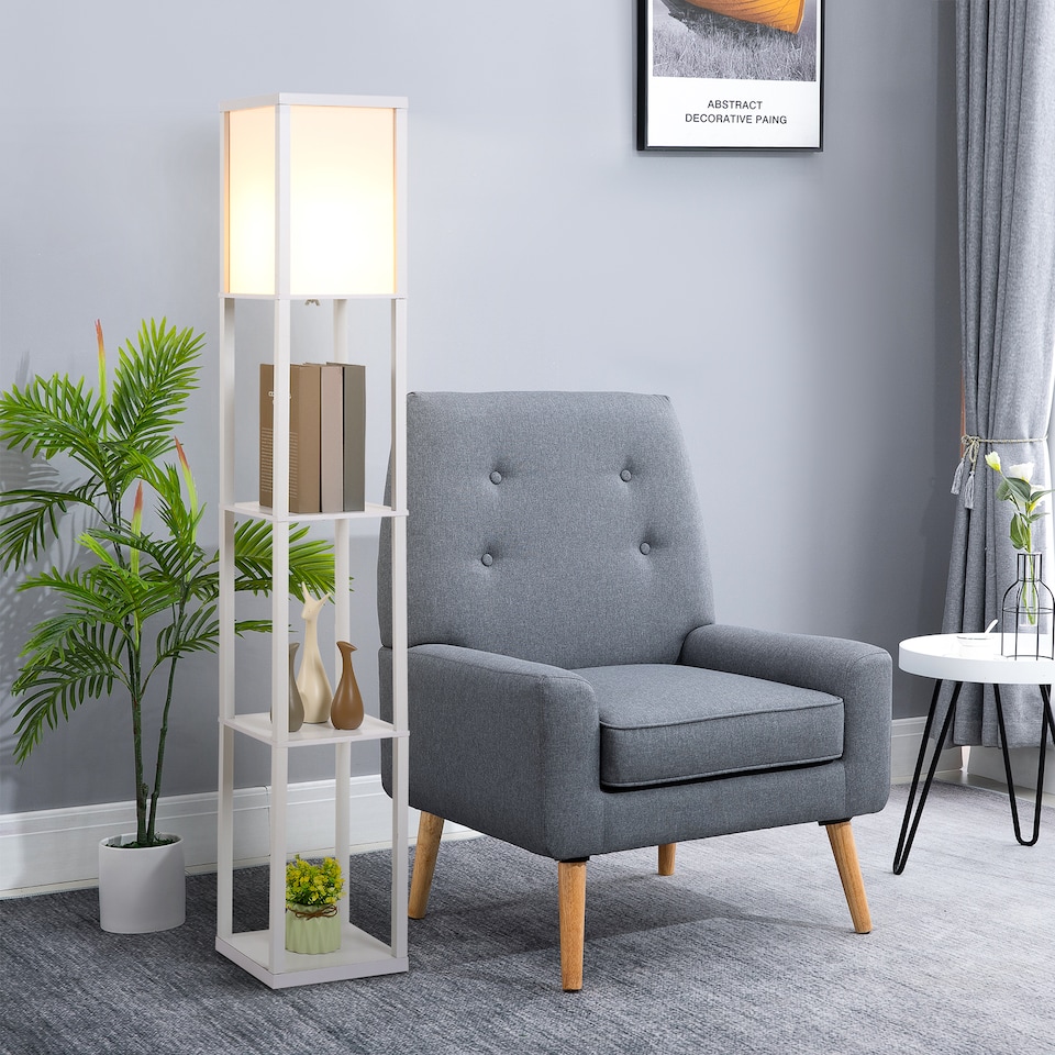 image 1 of HOMCOM 3Tier Floor Lamp, Floor Light with Storage Shelf, Reading Standing Lamp with Acrylic Shade for Living Room, Bedroom, Kitchen, Dining Room, Office, Dorm, 160cm, White