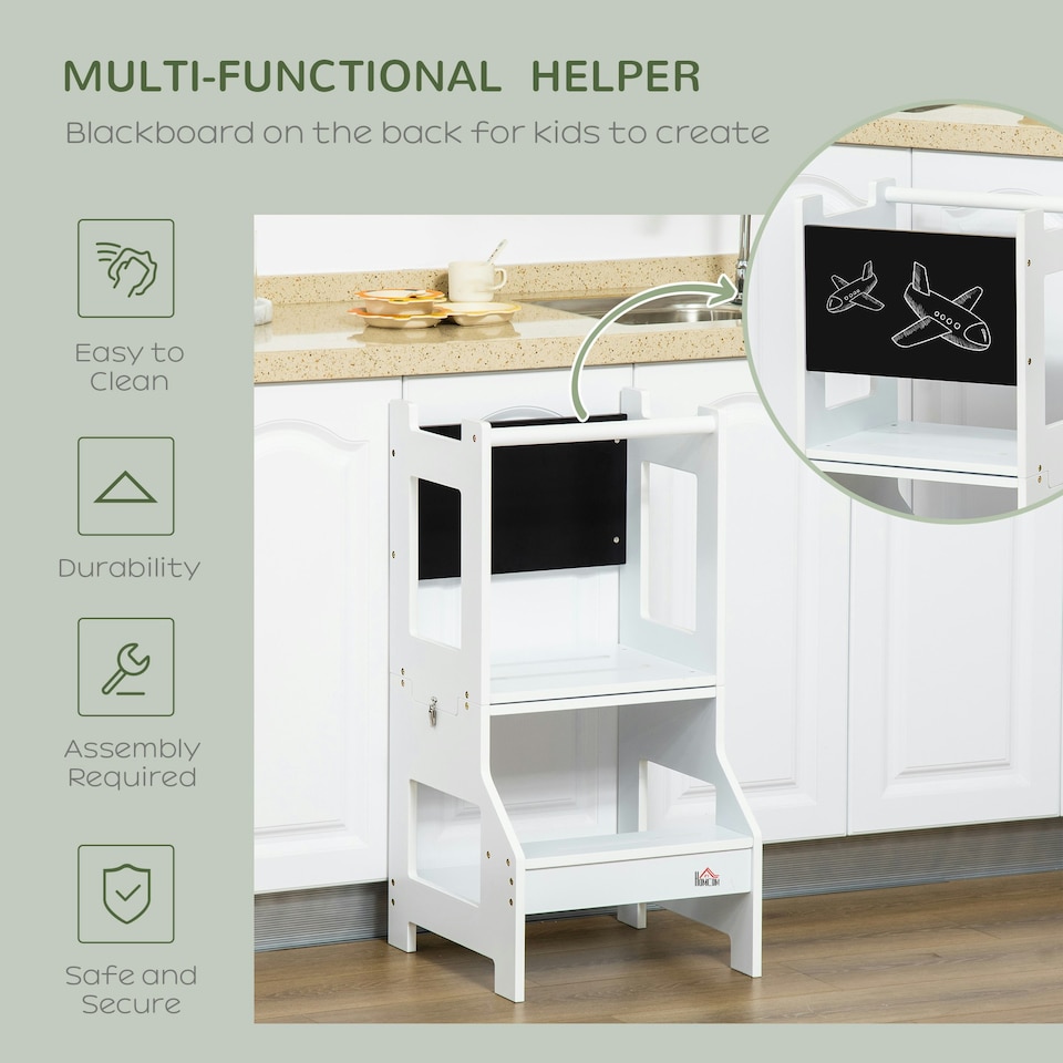 image 1 of HOMCOM 2 in 1 Kids Kitchen Step Stool Helper with Safety Rail, White