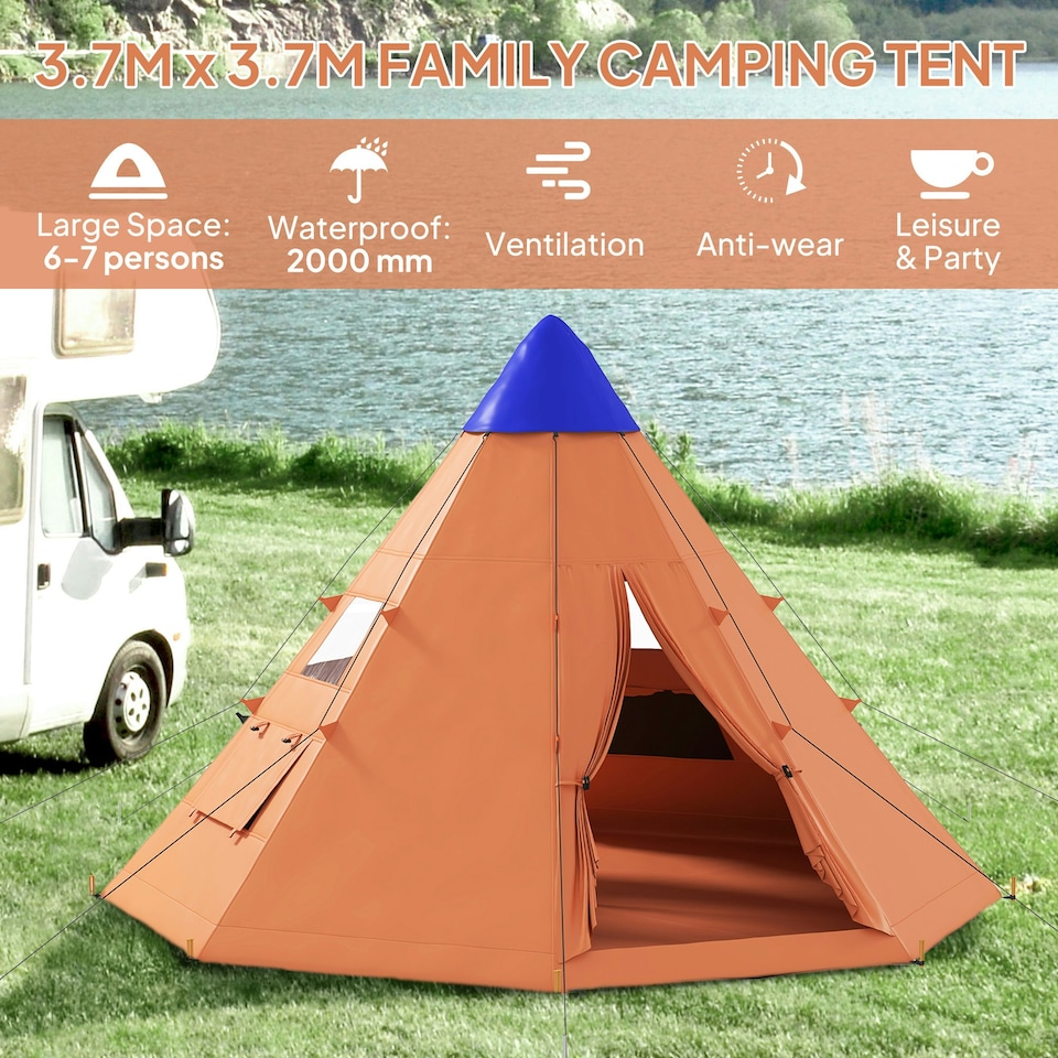image 1 of Outsunny 6-7 Person Large Family Party Camping Tent with Carrying Bag Orange | Orange