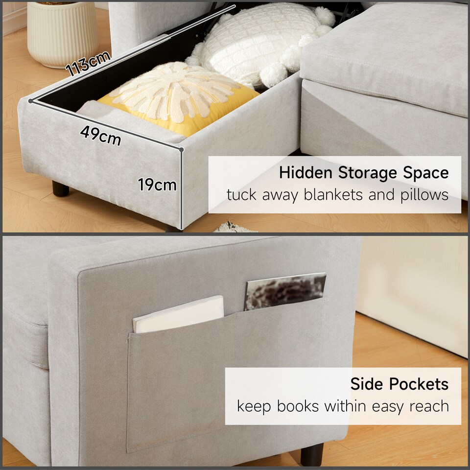 image 1 of HOMCOM Sofa Bed with Storage, Convertible L Shaped Corner Sleeper Couch, 3 Seater Pull Out Sofa Bed with Reversible Chaise, Side Pockets for Living Room, Bedroom, Small Spaces, Light Grey | Grey | One Size