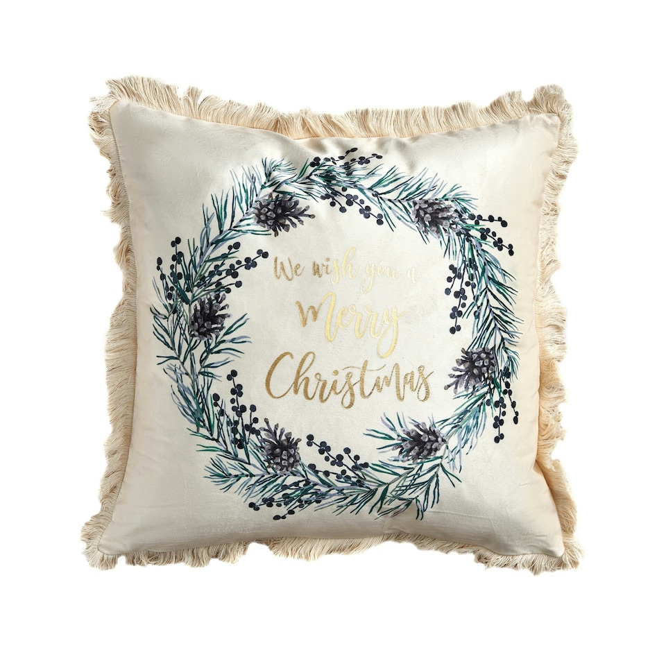 image 1 of BHS Wish You A Merry Christmas Cushion, Cream 