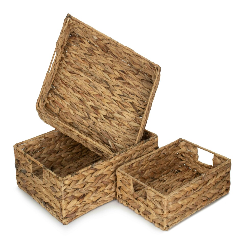 image 1 of Water Hyacinth Shallow Rectangular Storage Basket Set 3 Brown