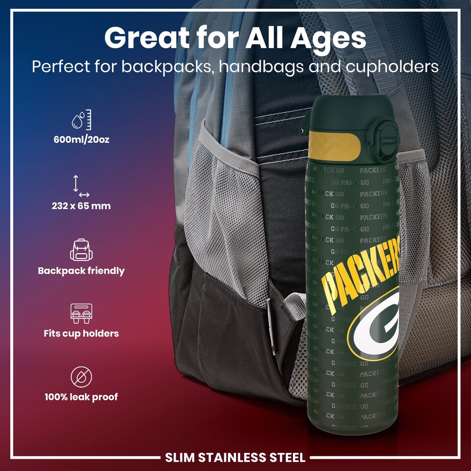image 1 of Leak Proof Slim Water Bottle, Stainless Steel, NFL, 600ml (20oz) | Green | NFL Packers | One Size