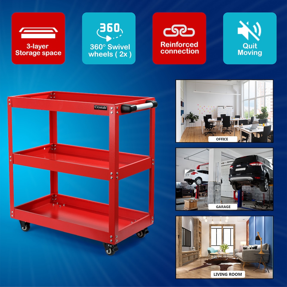 image 1 of Tool Storage Heavy Duty Garage Trolley Workshop 3 Tier Wheel Cart DIY Red