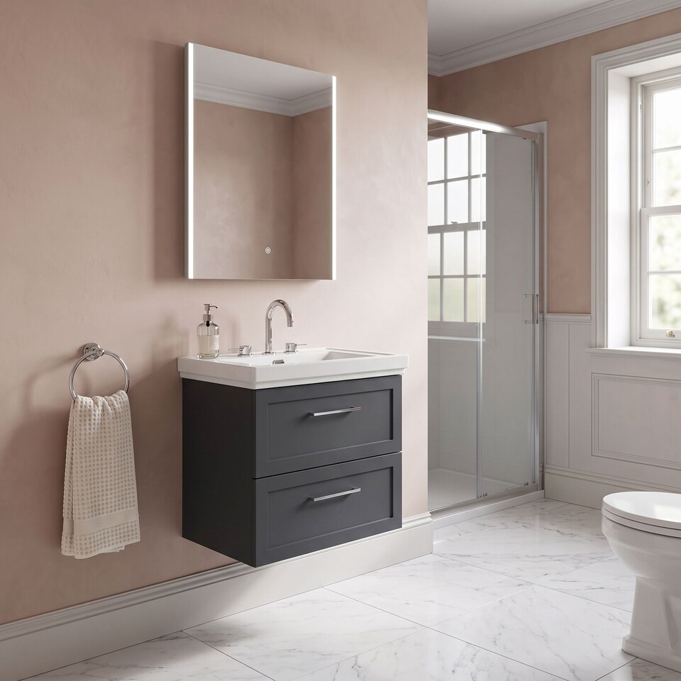 image 1 of Balterley Stonnall Traditional Wall Hung 2 Drawers Vanity Unit with Traditional 3 Tap Hole Fireclay Basin, 600mm, Dark Grey