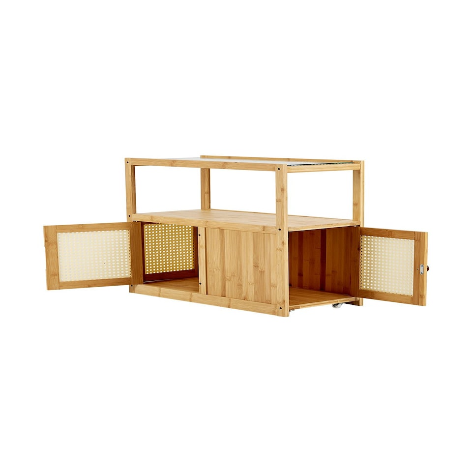 image 1 of Living and Home Wooden Glass Side Table with Wheels