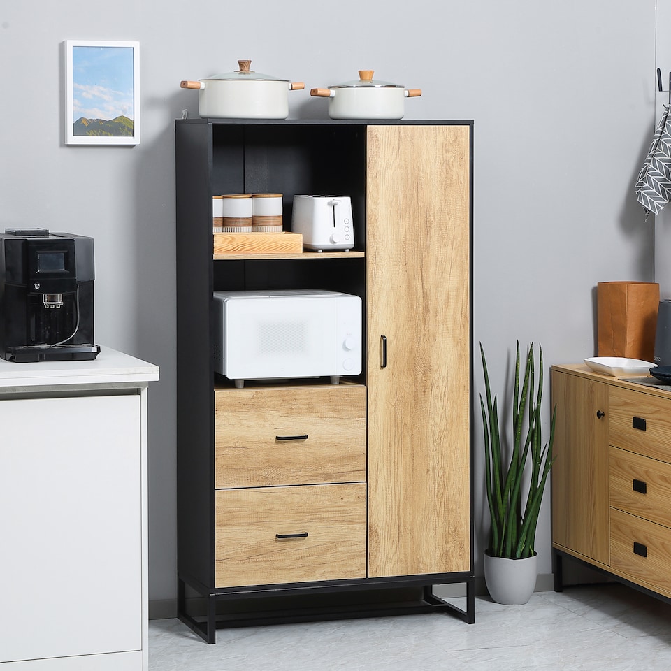 image 1 of HOMCOM 160cm Tall Kitchen Cupboard, Kitchen Pantry Sideboard with 2 Open Shelves, 2 Drawers, Adjustable Shelves and Soft Close Door, Storage Cabinet for Living Room, Dinning Room, Natural Wood Finish