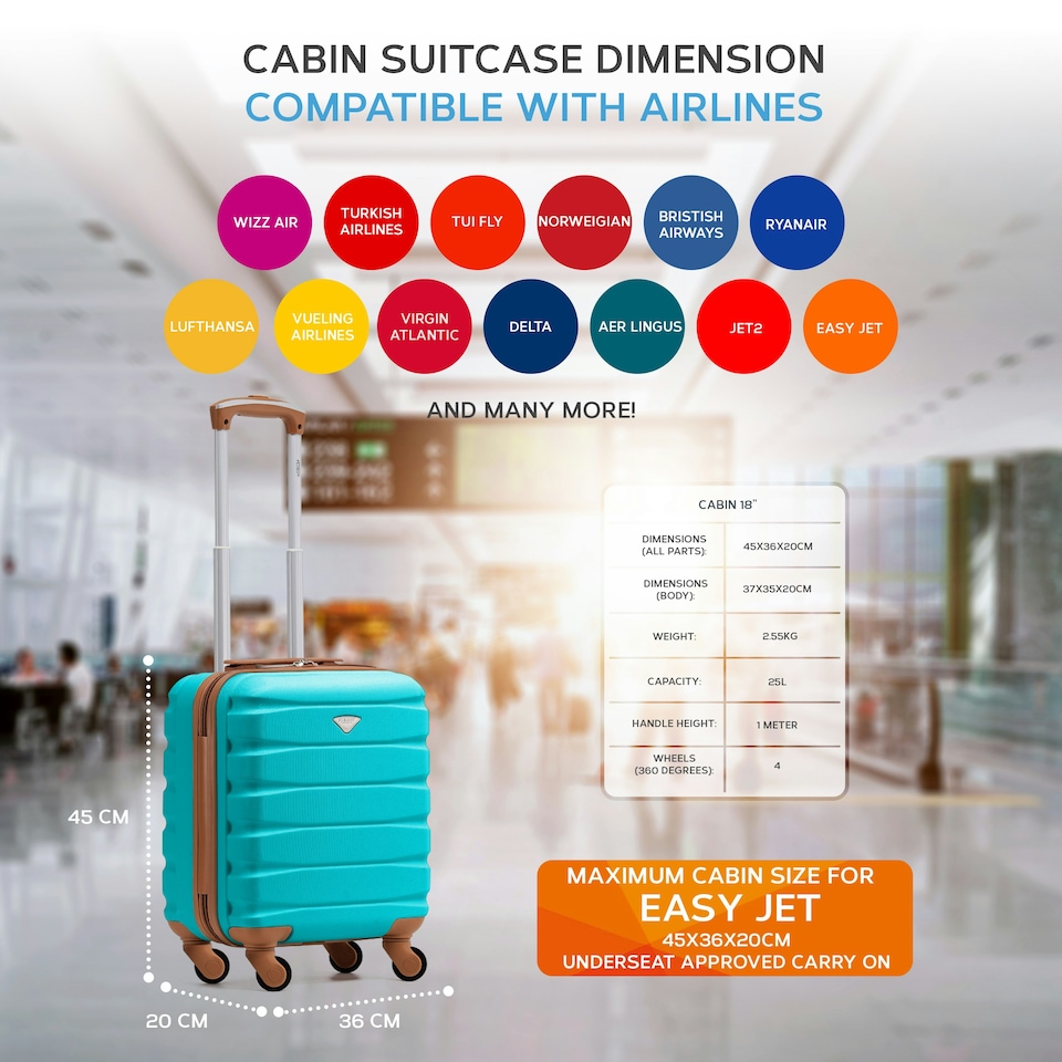 image 1 of 45x36x20cm EasyJet Free Underseat Carry-On Cabin Bag - Lightweight 4 Wheels ABS Hard Shell Suitcase Blue | Aqua/Tan | Cabin Bag