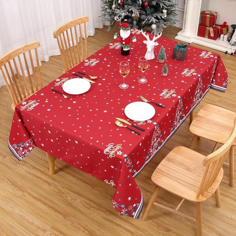 image 1 of London Boutique Red Christmas Tablecloth, Waterproof Polyester Table Cover with Xmas Tree Star Print