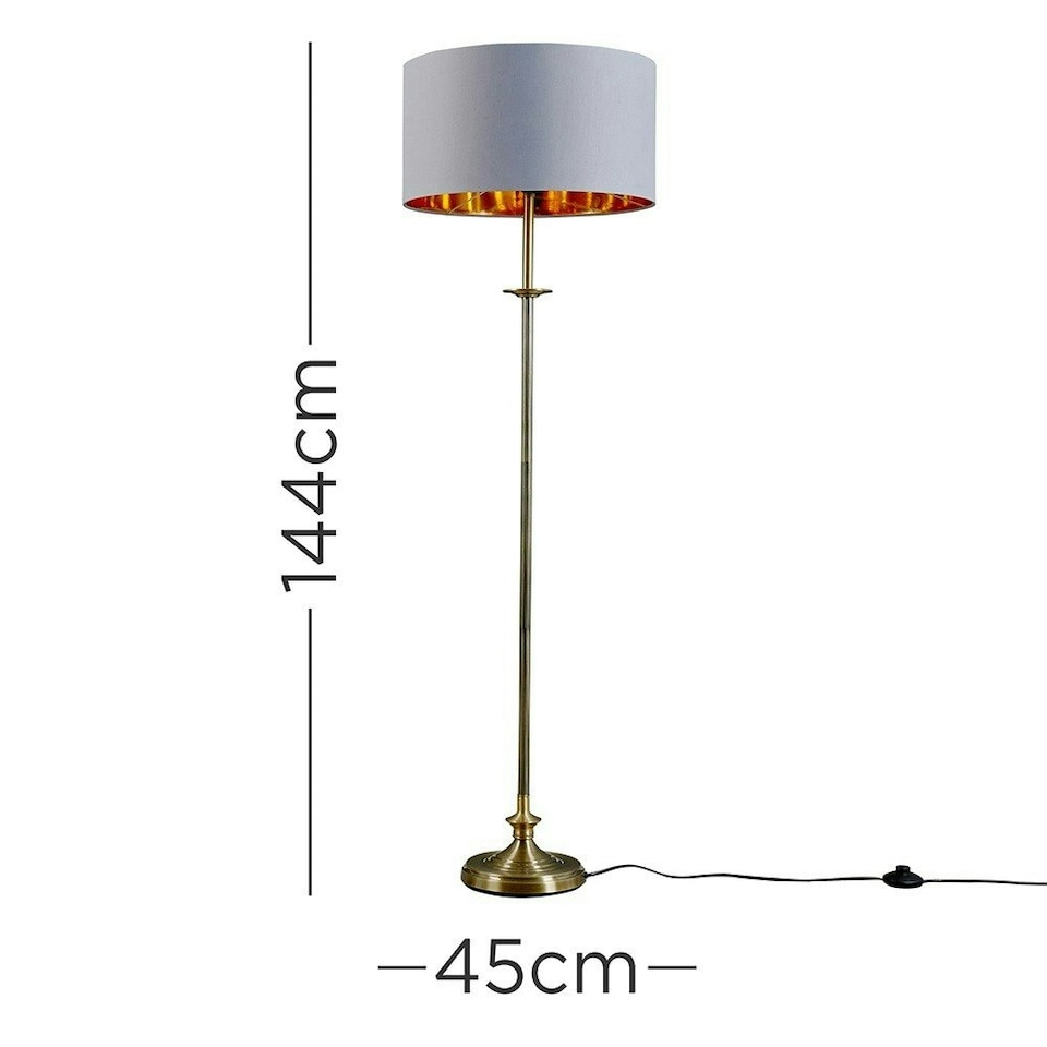 image 1 of ValueLights Belmont Sconce Brushed Gold Floor Lamp with Large Grey Drum Shade and LED Bulb | Grey