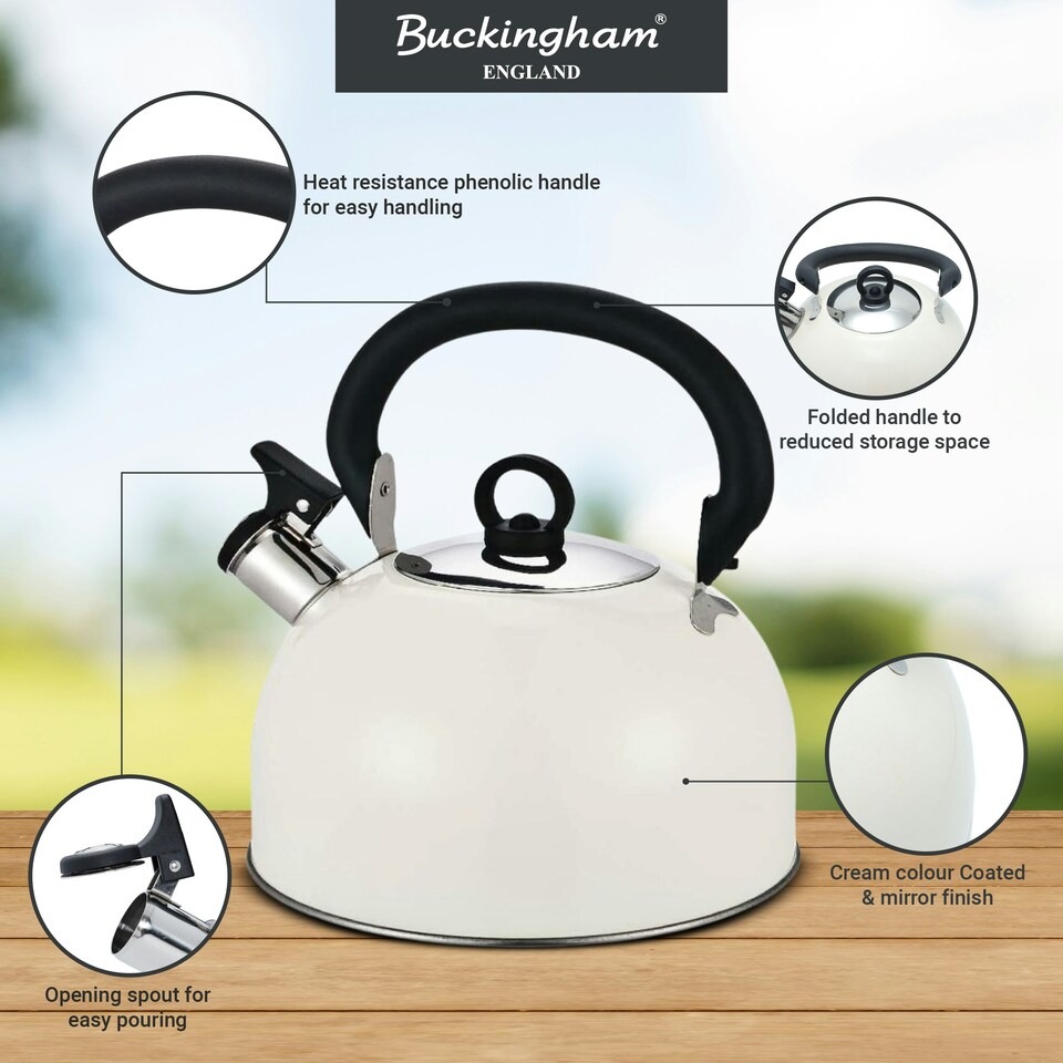 image 1 of Buckingham Stainless Steel Camping Whistling Kettle 2.5 Litre , Cream
