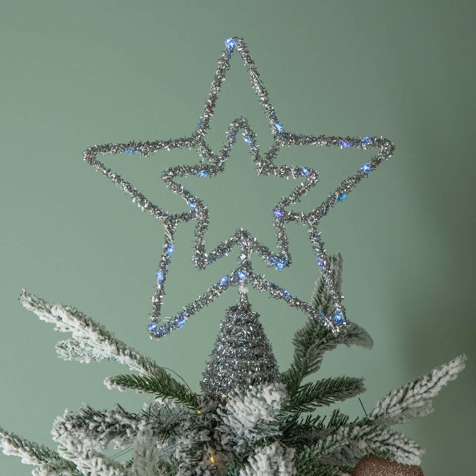 image 1 of 28cm Battery Powered Silver Christmas Star Tree Topper with Blue Multi-Action LEDs