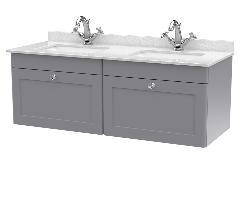 image 1 of Balterley Swynnerton Traditional 2 Drawer Wall Hung Vanity Unit with Double Marble Basin, Satin Grey, 1200mm