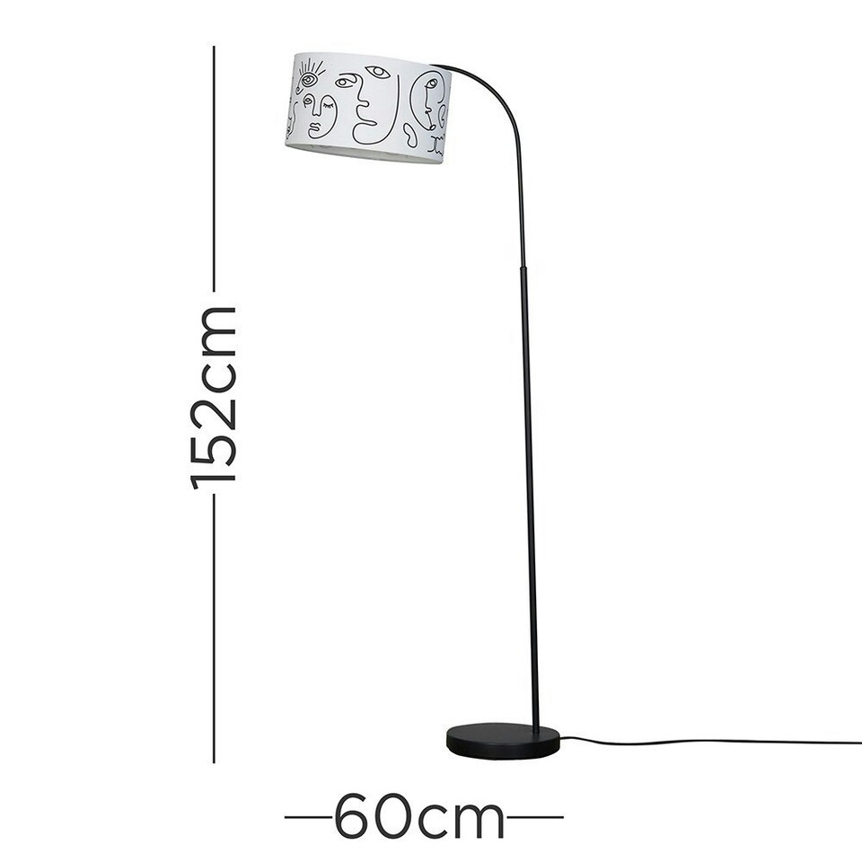 image 1 of ValueLights Designer Style Black Curved Stem Floor Lamp With White Artistic Portrait Design Shade With 6w LED GLS Bulb Warm White