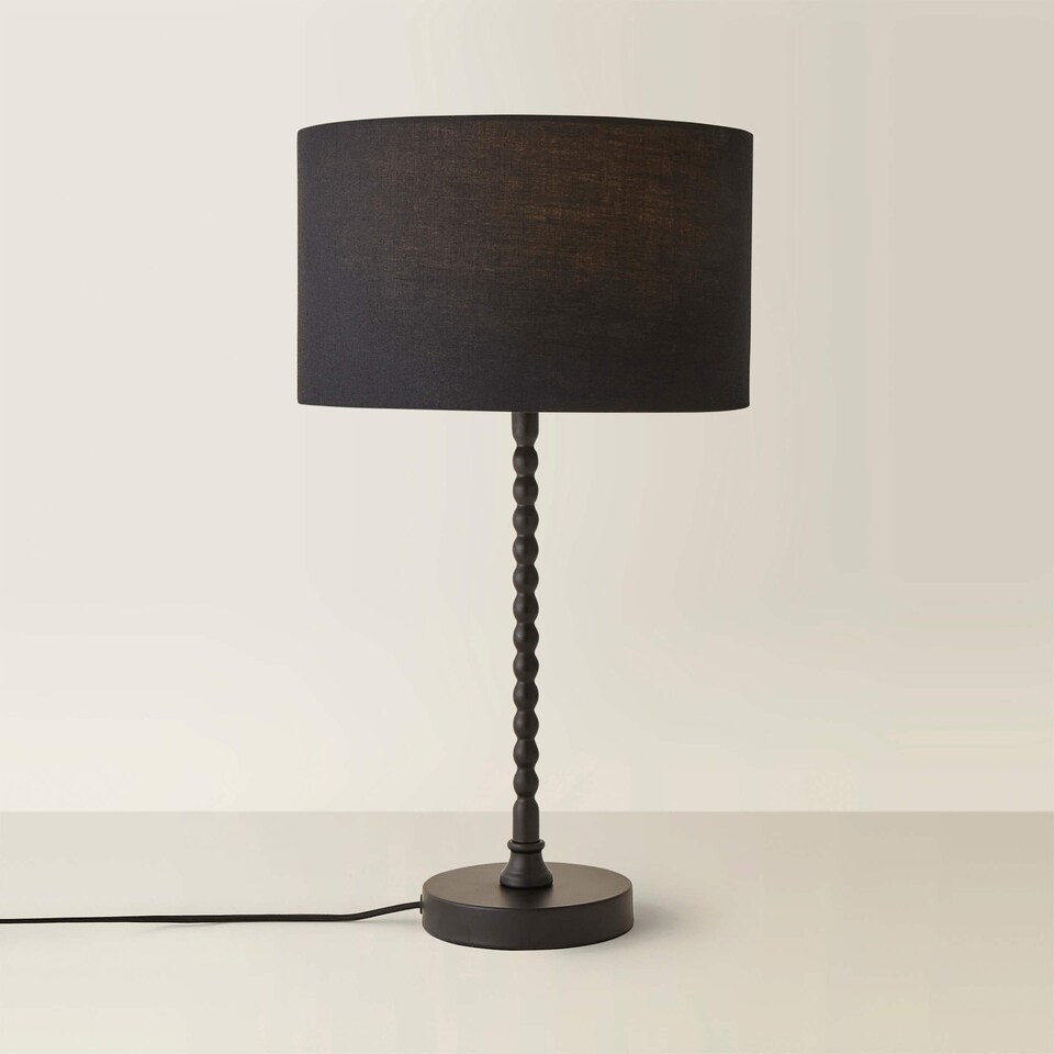 image 1 of ValueLights Maeve Black Fabric Drum Lamp Shade Matte Black Bobbin Bobble Table Lamp | Black