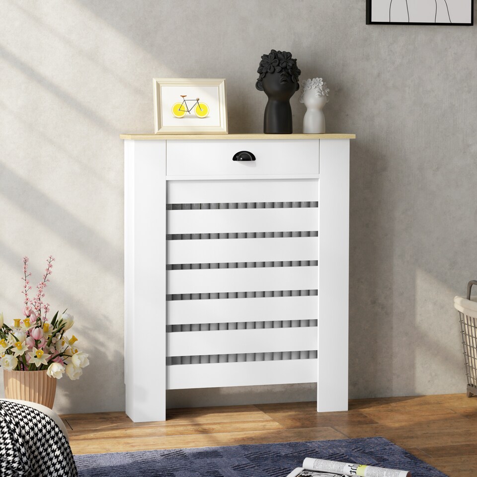 image 1 of HOMCOM Radiator Cover with Drawer, Horizontal Slat, 78cm, White | White | White with wood-effect top | 1