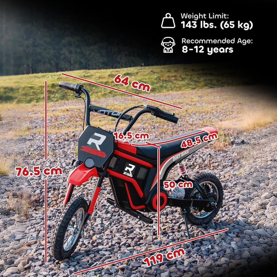 image 1 of HOMCOM 24V Kids Electric Motorbike with Twist Grip Throttle, Music, Horn, 12 Pneumatic Tyres, Max Speed 16kmithh, for Ages 8-12 Years - Red