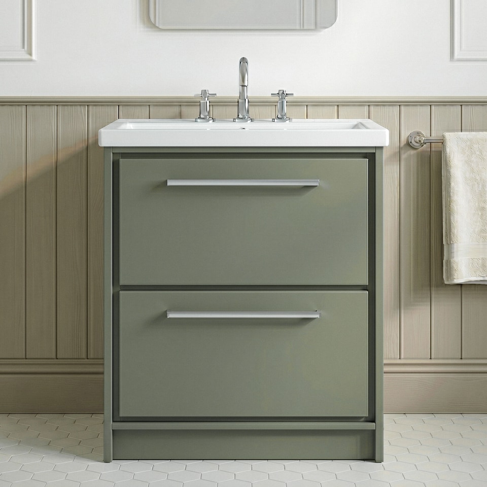 image 1 of Balterley Modern Bathroom Floor Standing 2-Drawer Vanity Unit with Fireclay Basin - Basin, 3 Tap Holes | Green | Reed Green | 1