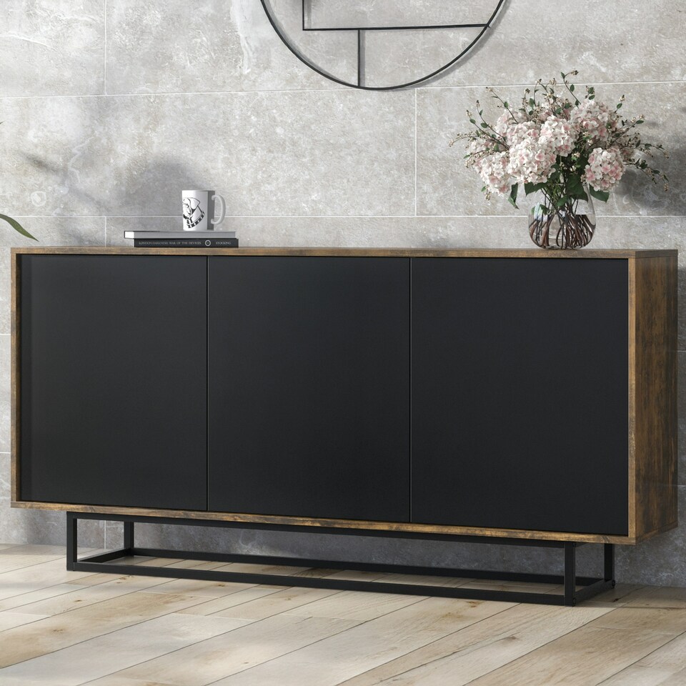 image 1 of Sideboard 160cm Industrial Oak & Black Matt – 3 Door Storage Cabinet with Metal Legs Bronze | Black