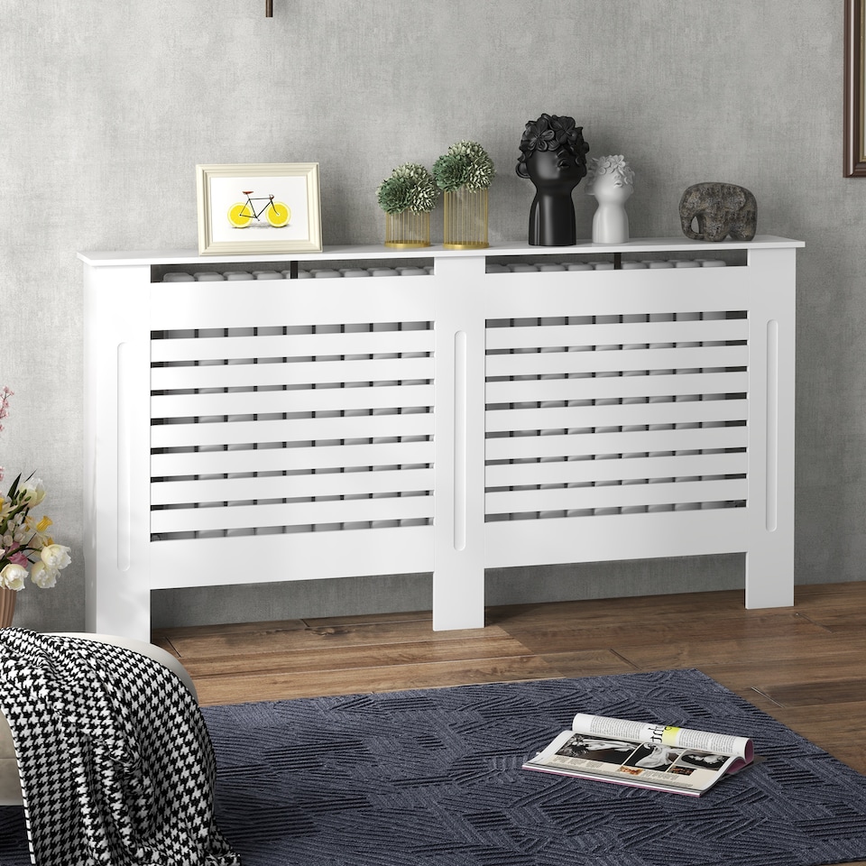 image 1 of HOMCOM Radiator Cover, Modern MDF White Painted Cabinet with Horizontal Slats for Living Room, Bedroom, 152L x 19W x 81H cm