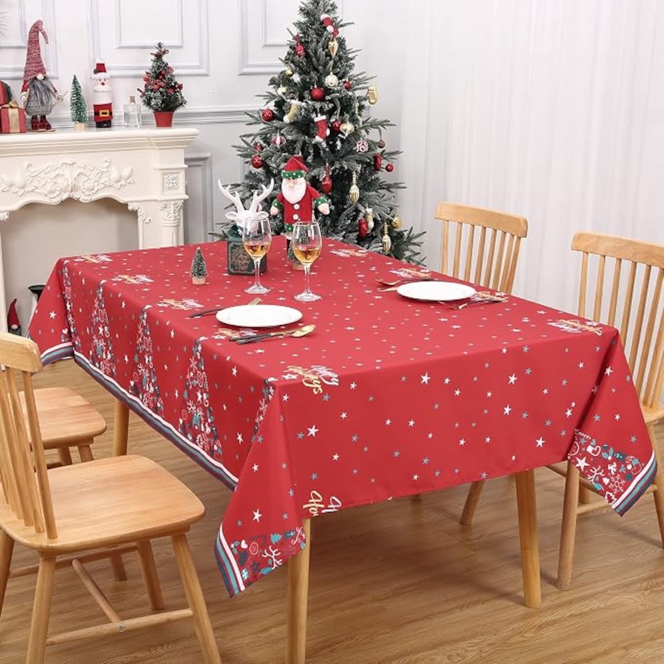 image 1 of London Boutique Red Christmas Tablecloth, Waterproof Polyester Table Cover with Xmas Tree Star Print