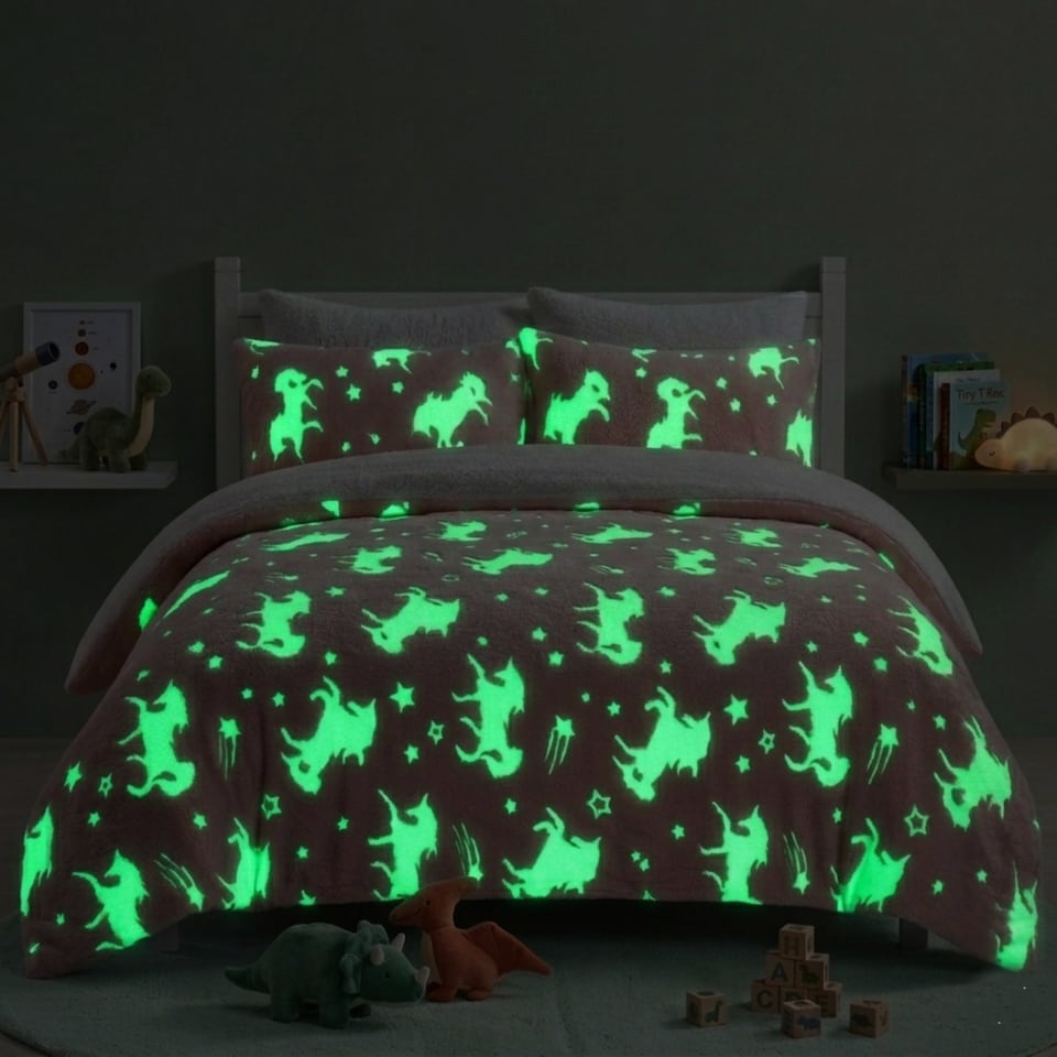 image 1 of Glow in the Dark Teddy Unicorn Design Bedding Cute Kids Duvet Set | Pink | Single