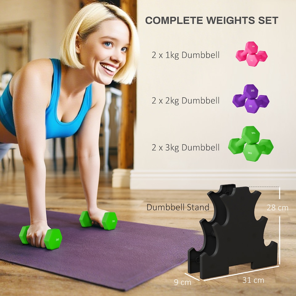 image 1 of SPORTNOW Hex Dumbbells Set with Dumbbells Rack, 2 x 1kg, 2 x 2kg, 2 x 3kg