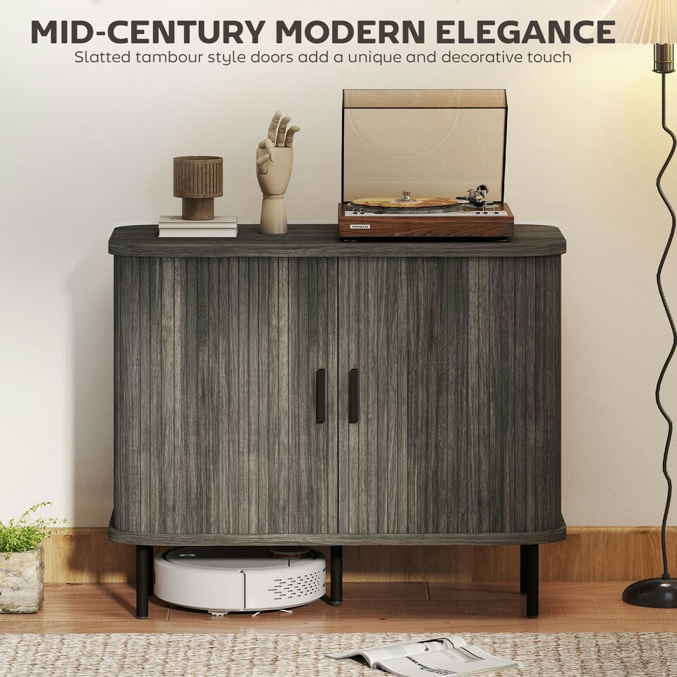 image 1 of HOMCOM Sideboard Storage Cabinet with Slatted Tambour Sliding Doors Grey Grey | Black