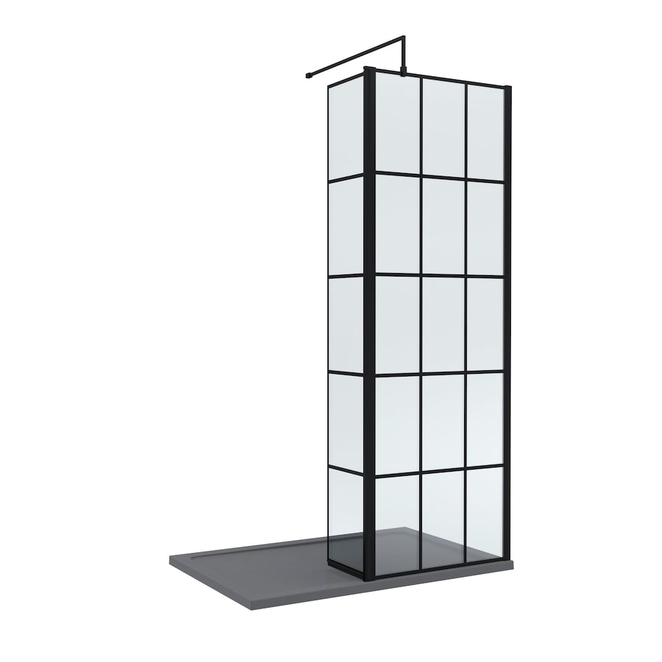 image 1 of 8mm Glass Wetroom Screen, Return Black Framed and Tray 1200 x 900mm | Black | Matt Black