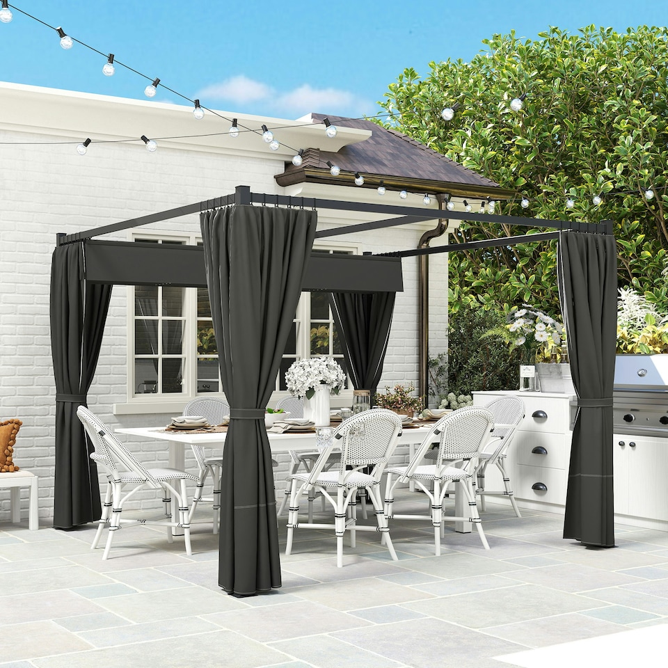 image 1 of Outsunny 3 x 3(m) Pergola with Retractable Roof and Curtains, Charcoal Grey