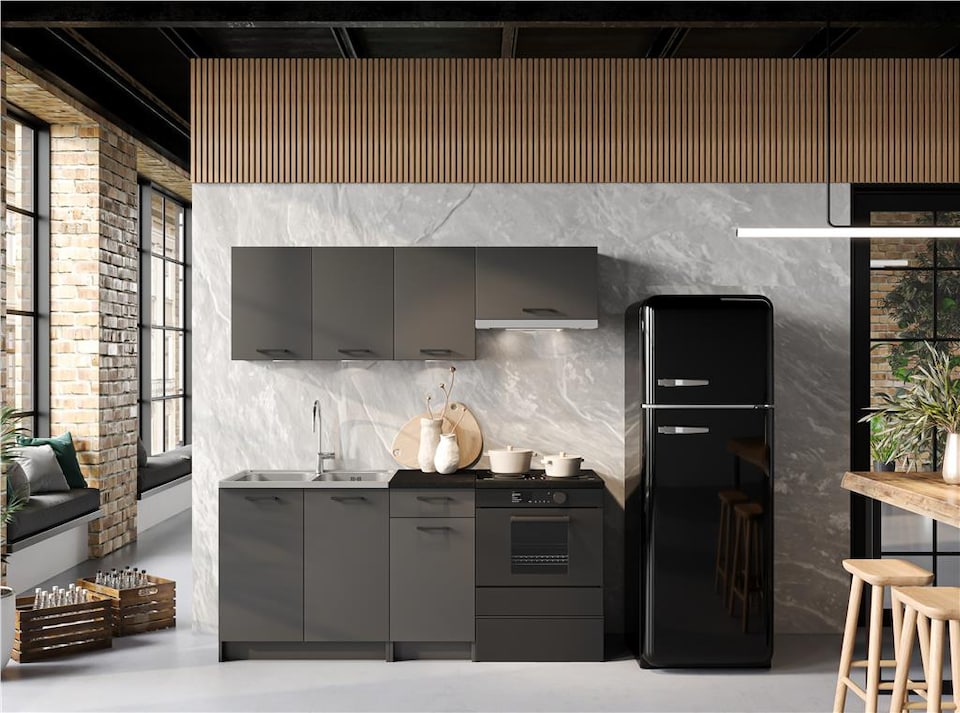 image 1 of Kitchenette Small Kitchen Cabinets 5 Units Complete Set 180cm Black Grey Fitted Kitchen Package with Worktop Lina