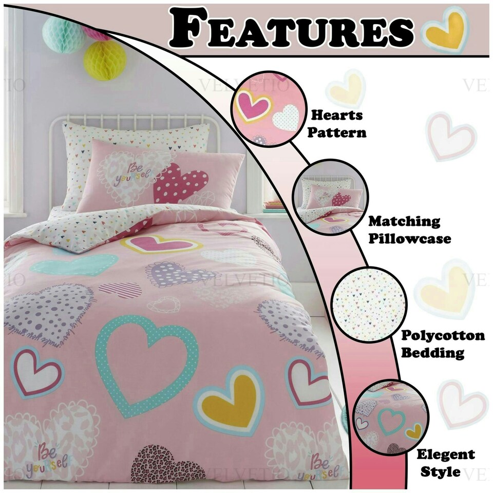 image 1 of VELVETIO Hearts Duvet Cover Set Reversible Polycotton Kids Beddings Pink | Single