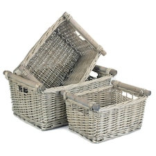 Set of 3 Antique Wash Wooden Handled Wicker Storage Basket Grey
