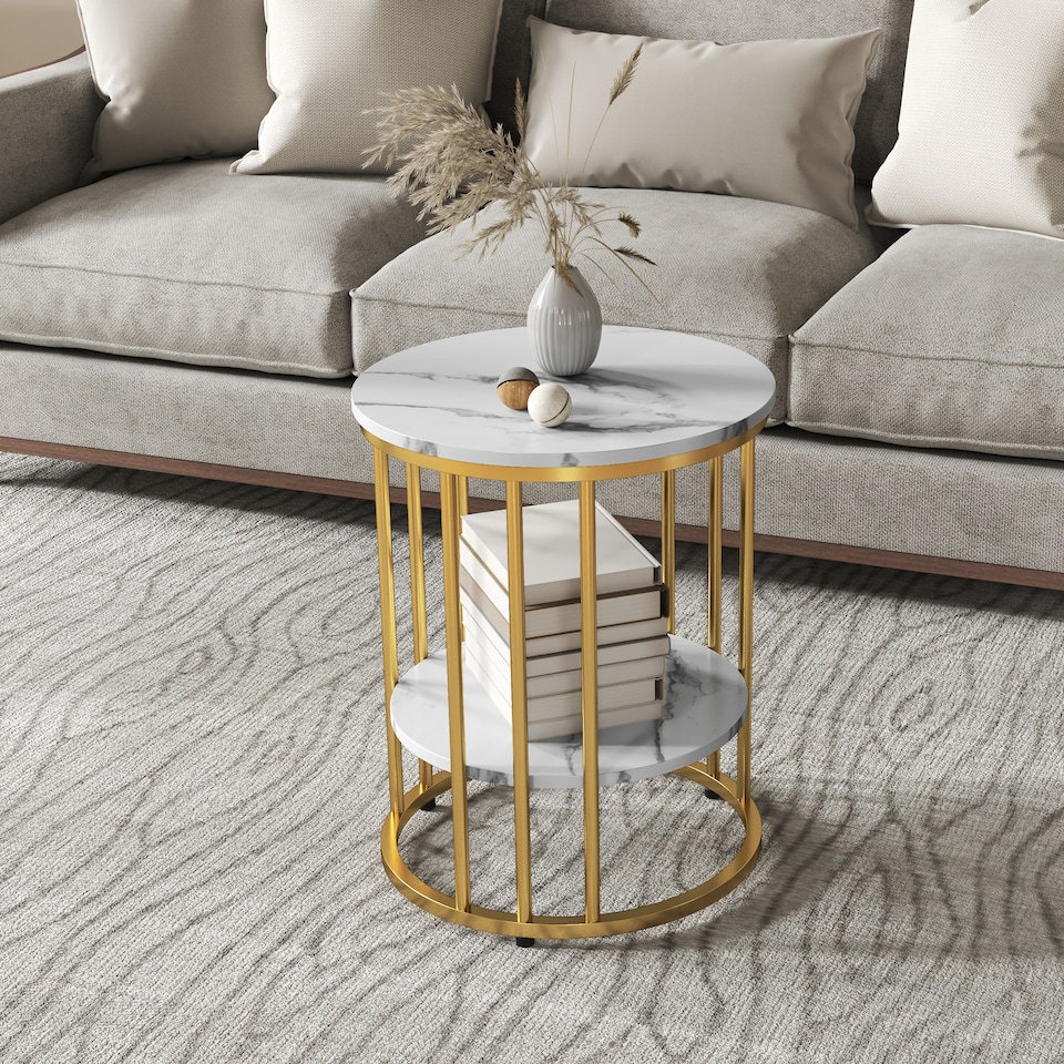 image 1 of HOMCOM Marble-Effect Round Coffee Table Set of 2 for Living Room, Gold Tone
