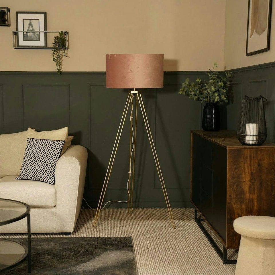 image 1 of ValueLights Aero Polished Gold Floor Lamp Pink Shade and LED Bulb
