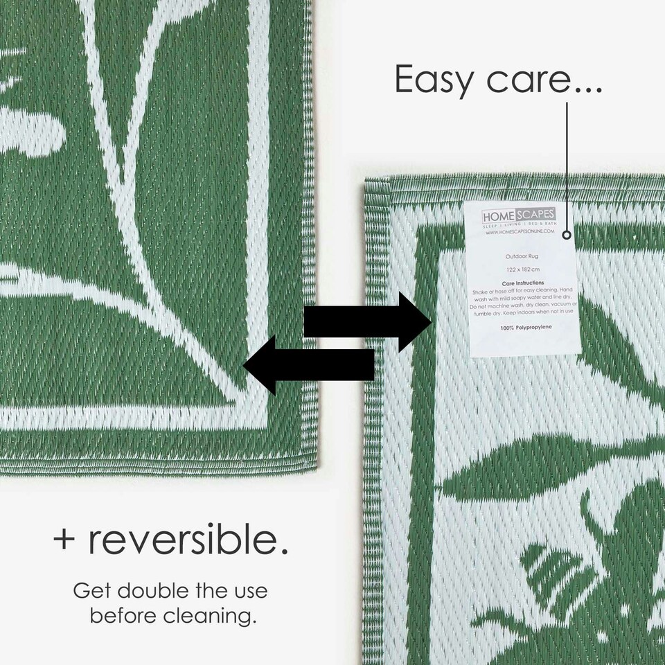 image 1 of Homescapes Outdoor Rug Luxury Waterproof Reversible, 182 x 122 cm, Green, Floral Bee Green | 122 x 182 cm