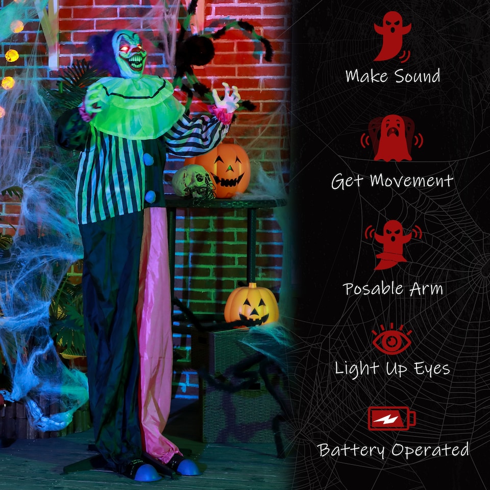 image 1 of HOMCOM 173cm 68 Laughing Clown Outdoor Halloween Decoration, Animated Halloween Prop with Light Up Eyes, Sound Effects, Sound Activated for Haunted House