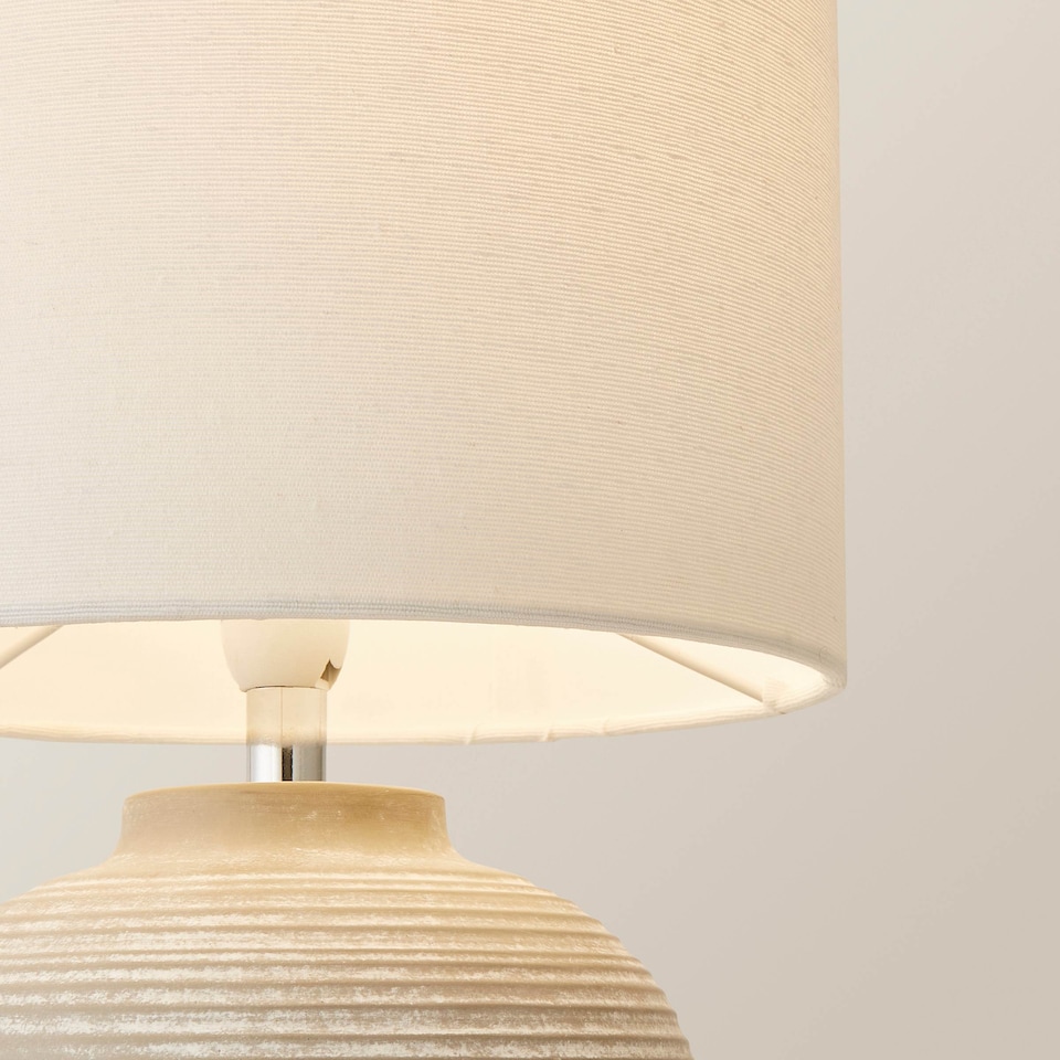 image 1 of ValueLights Reid Linen Drum Lamp Shade Stone Grey Ribbed Ceramic Small Table Lamp | Grey
