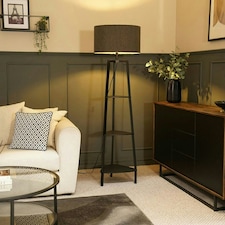 ValueLights Hiru Grey 3 Tier Shelf Floor Lamp Cream Shade & Bulb