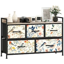 HOMCOM 5-Drawer Chest of Drawers, Fabric Dresser, White | White | Black, Floral Pattern | One Size | 1