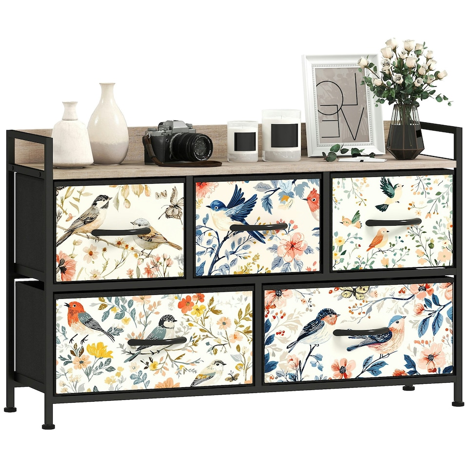 image 1 of HOMCOM 5-Drawer Chest of Drawers, Fabric Dresser, White | White | Black, Floral Pattern | One Size | 1
