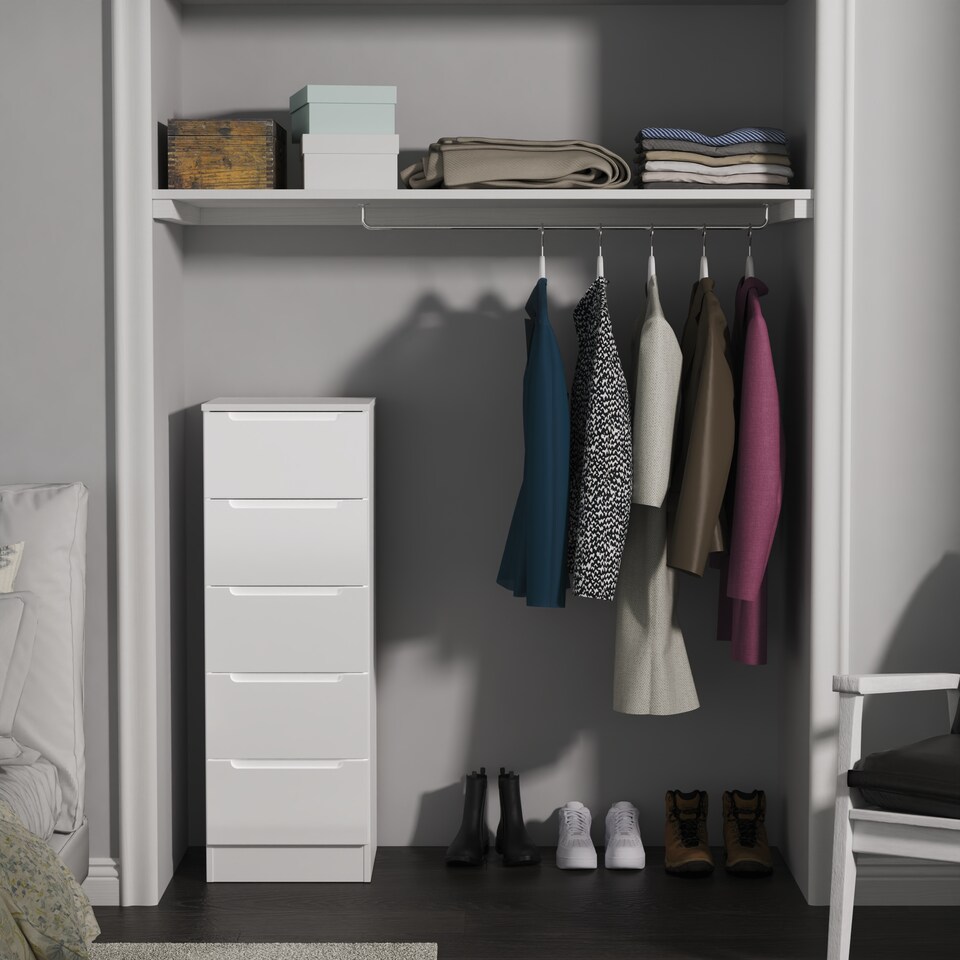 image 1 of Lucca 5 Drawer Tall Bedside Cabinet in White Gloss & White (Ready Assembled) | White | White Gloss & White