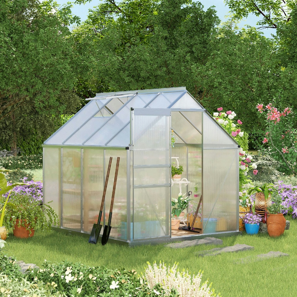 image 1 of Outsunny Polycarbonate Walk-in Garden Greenhouse w/ Sliding Door Silver Tone