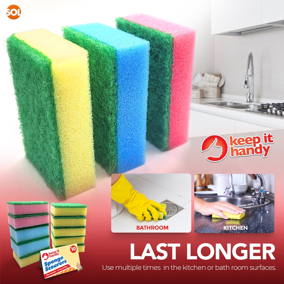 image 1 of 10pk Small Sponge Scourers - Blue, Pink and Yellow Kitchen Cleaning