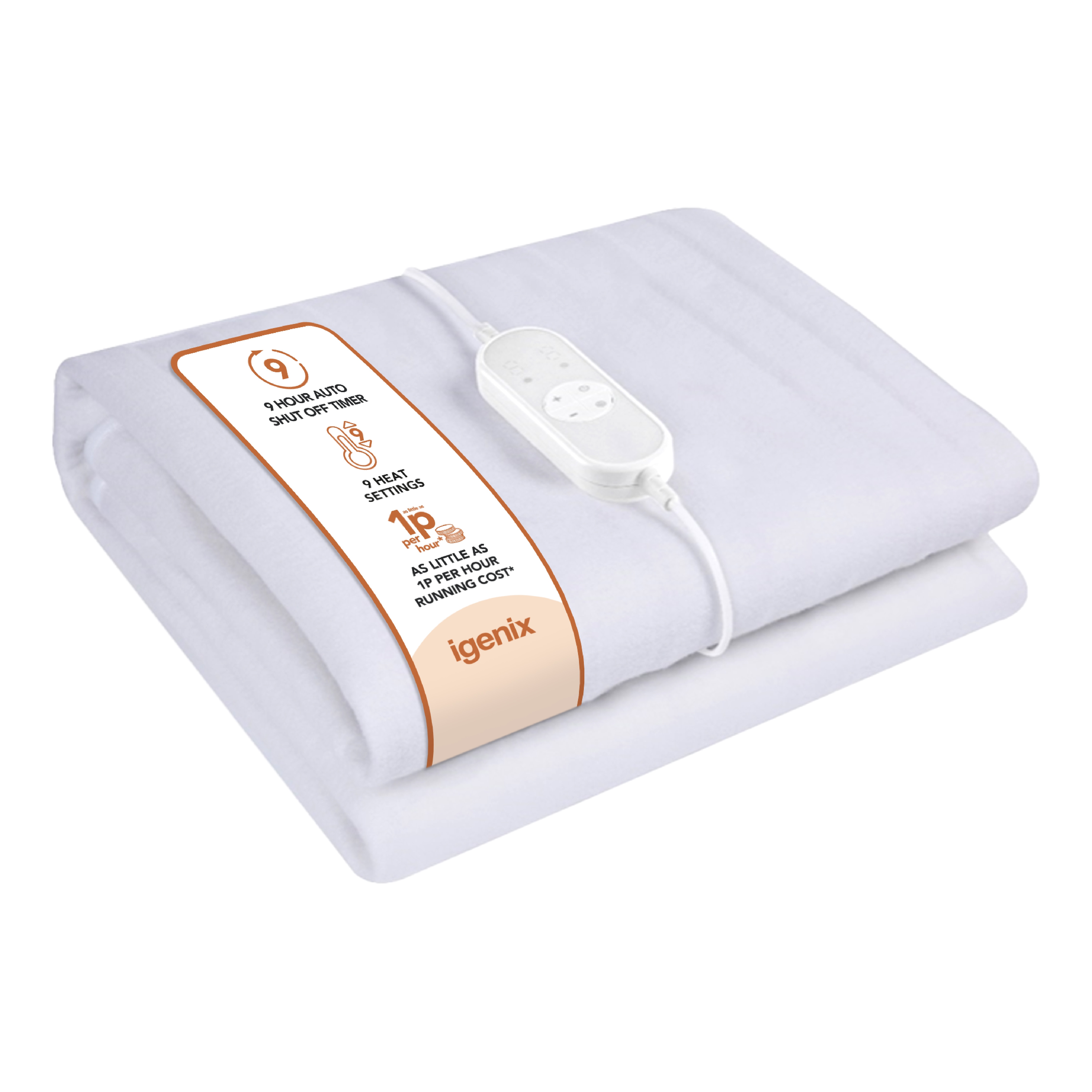 Igenix Digital Heated Underblanket, 75W, Polyester, 1-9hr Timer, Machine Washable, White, Double Size