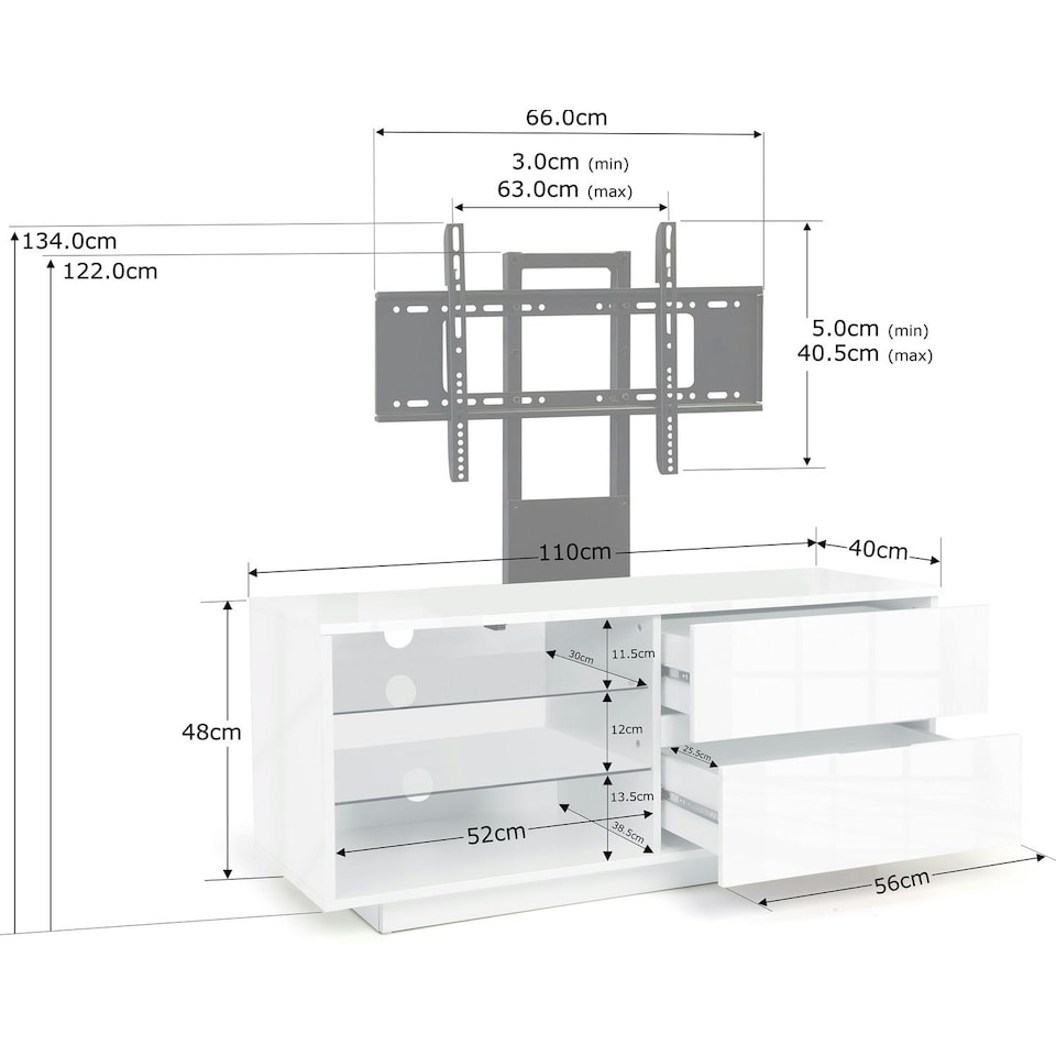 image 1 of Centurion Supports Gallus Ultra Gloss White with 2-White Drawers and White Door 32"-55" LED/LCD/Plasma Cabinet TV Stand with Mounting Arm