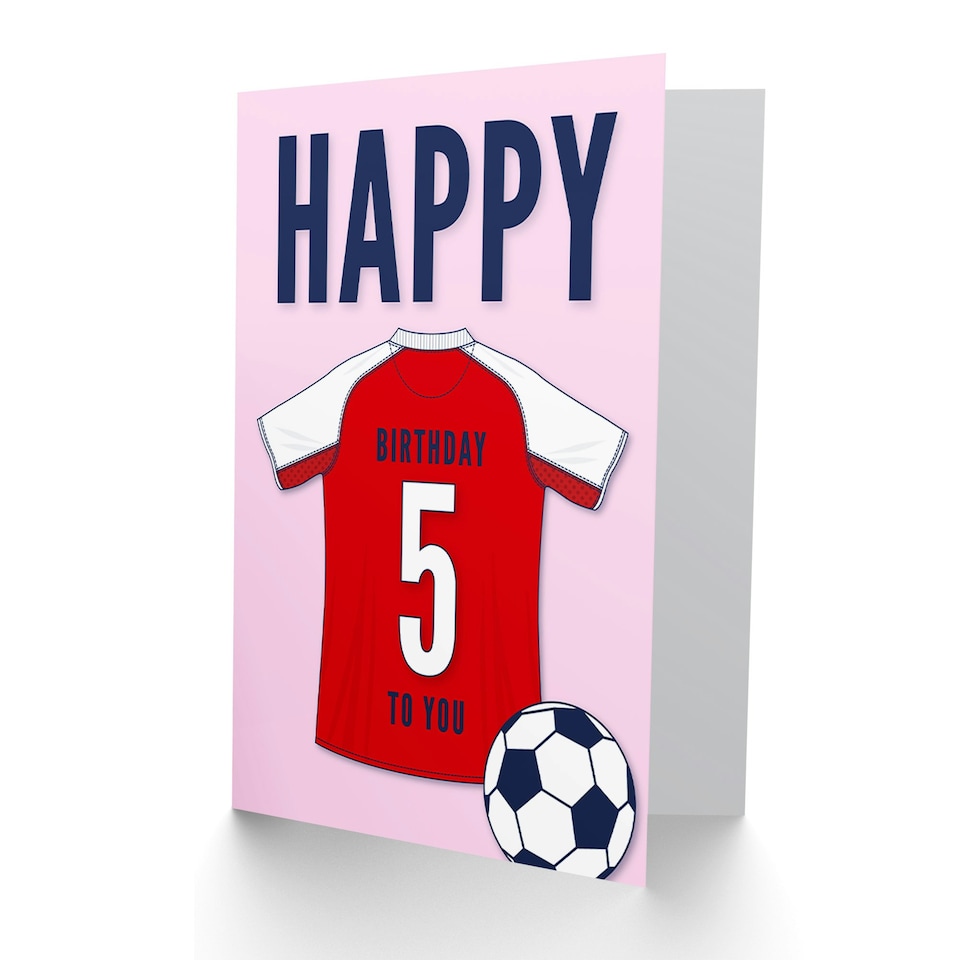 image 1 of Football Strip Kit Red White Jersey 5 Year Old Child Kids 5th Birthday Card