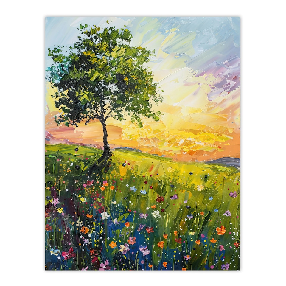 image 1 of Tree Wildflower Meadow At Sunrise Oil Living Room Black Framed Wall Art Print A4