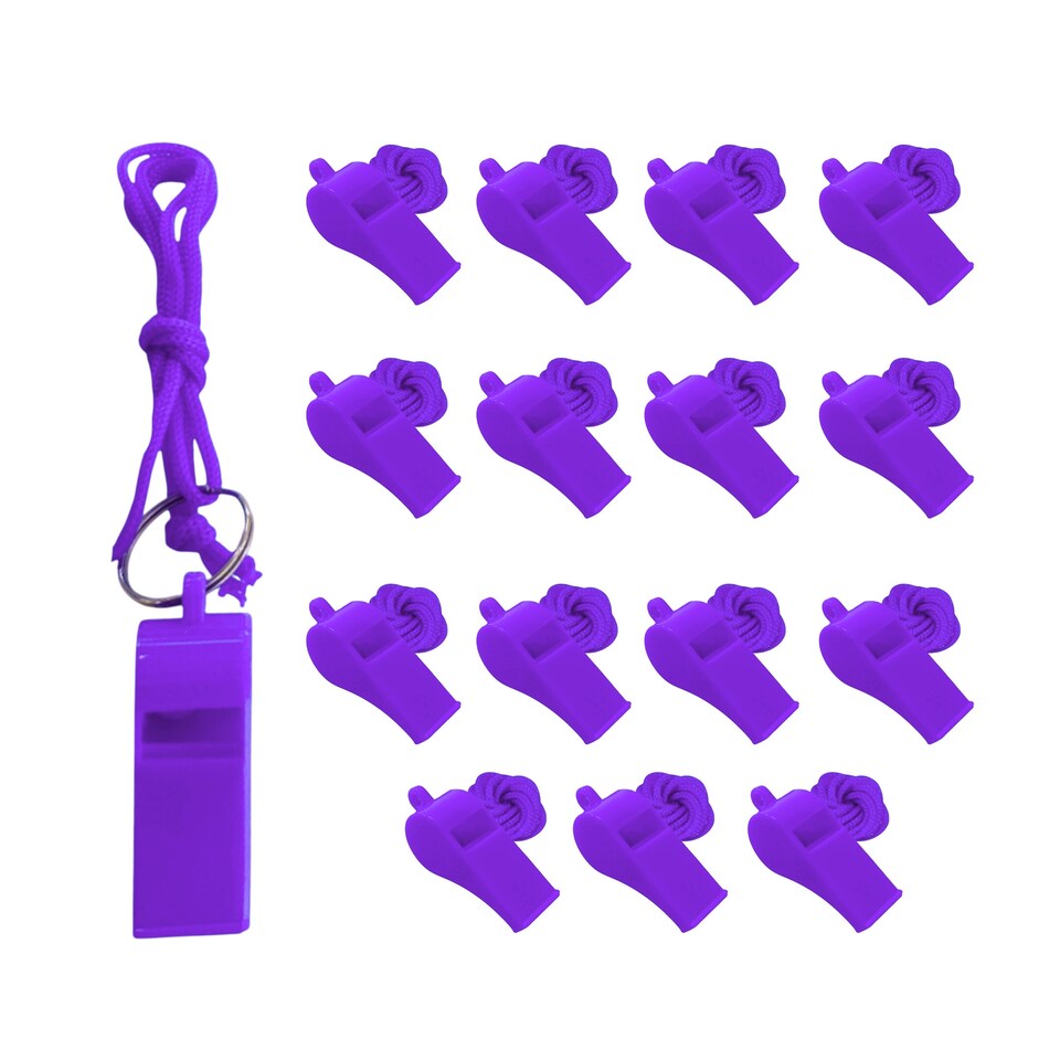 Bag of 10 Purple Plastic Whistles with Lanyard Neck Cord